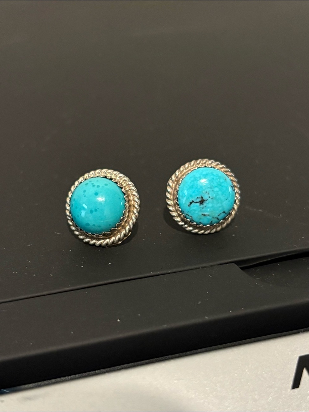 Genuine Turquoise and Sterling Silver Twisted Border Large Stud Earrings
